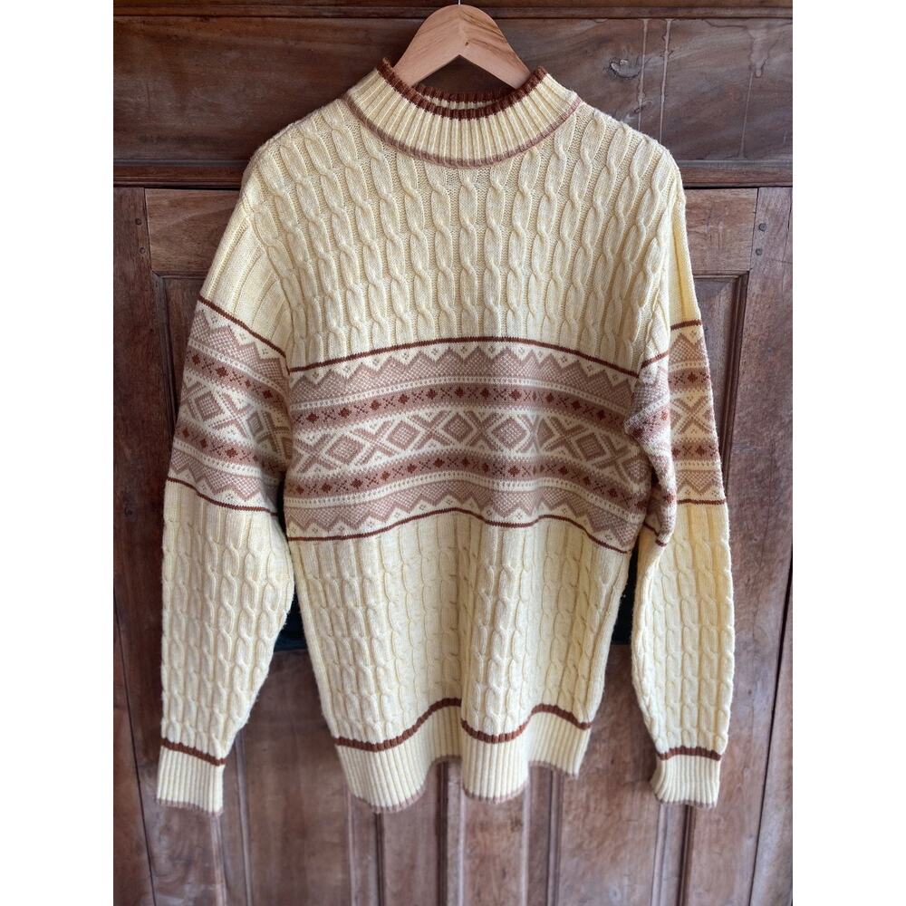 VINTAGE Lord Jeff Sweater Grandpa XLarge Yellow Cable Knit Mock Neck Pullover